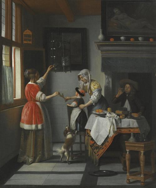 Interior With A Child Feeding A Parrot by Pieter De Hooch
