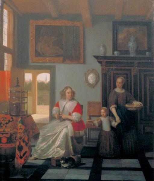 Interior With A Woman Knitting, A Serving Woman And A Child by Pieter De Hooch Oil Painting Reproductions