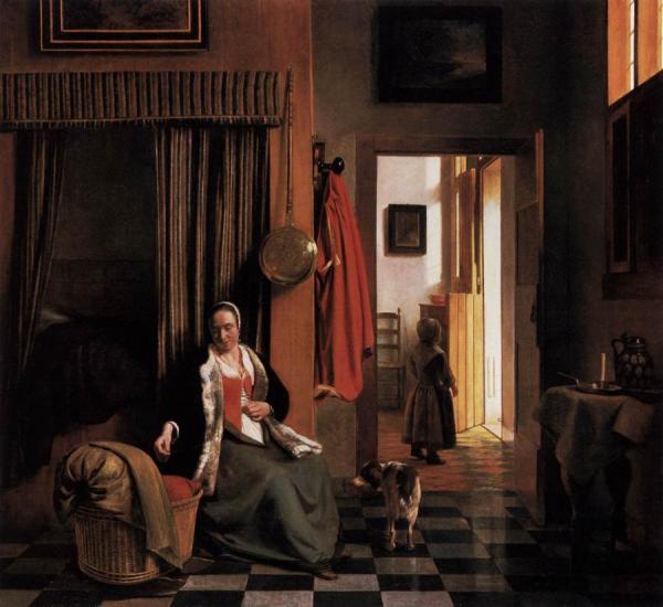 Mother Lacing Her Bodice Beside A Cradle by Pieter De Hooch
