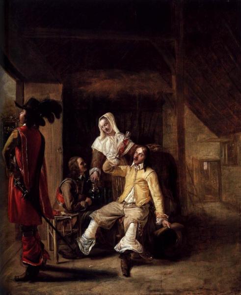 Pieter De Hooch Two Soldiers And A Serving Woman With A Trumpeter