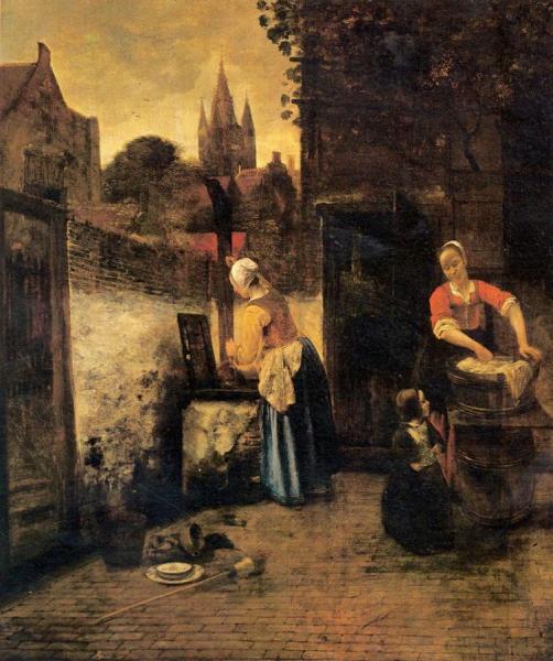 Two Women With A Child In The Yard by Pieter De Hooch