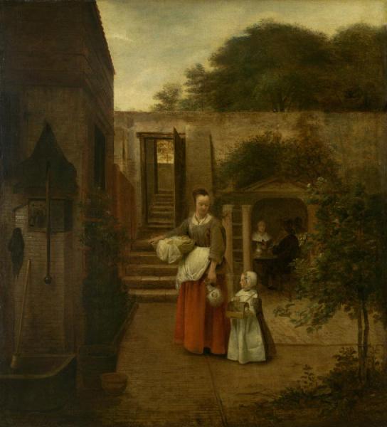 Woman And Child In A Courtyard by Pieter De Hooch