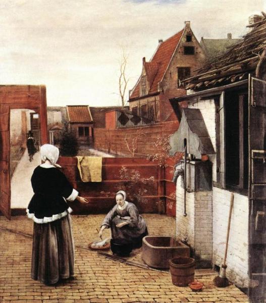 Woman And Maid In A Courtyard by Pieter De Hooch
