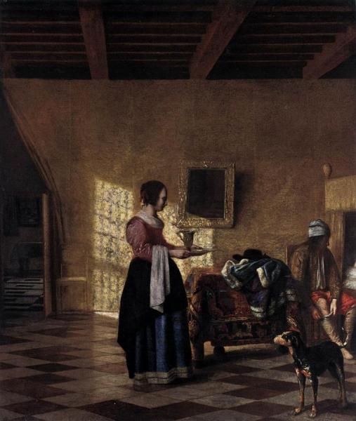 Woman With A Water Pitcher, And A Man By A Bed by Pieter De Hooch