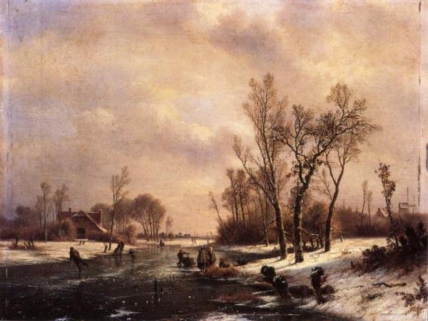 A Winter Landscape With Skaters On A Frozen River by Pieter Lodewijk Francisco Kluyver