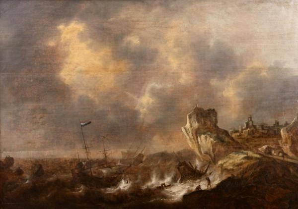 Shipwreck In A Storm Off A Rocky Coast by Pieter Van Der Croos