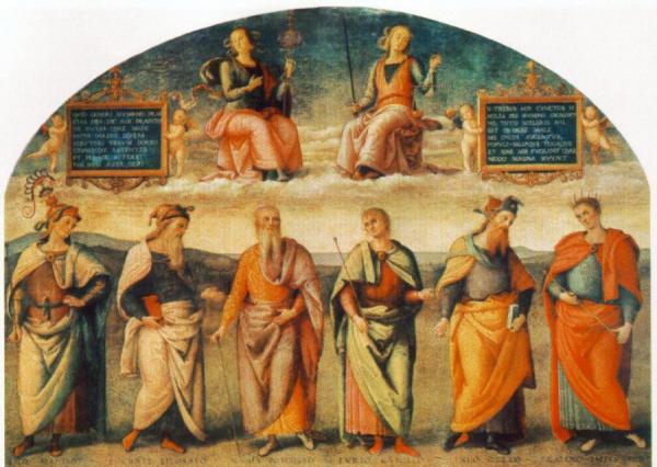 Prudence And Justice With Six Antique Wisemen by Pietro Perugino