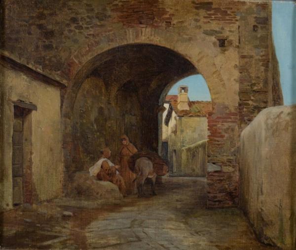 Mediterranean Village With Two Monks by Pietro Saltini