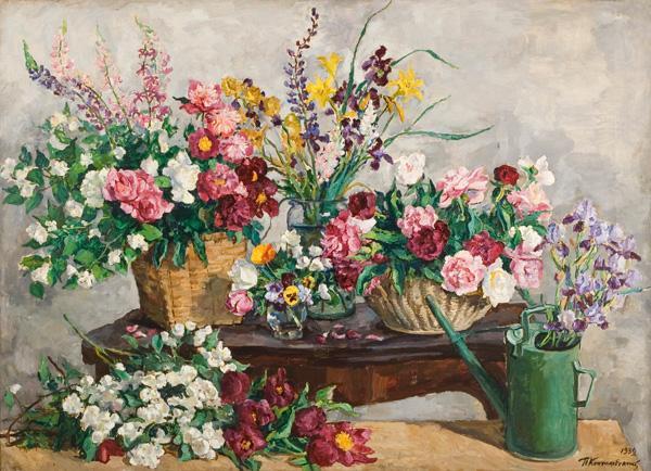 Four Bouquets On The Table And Watering Can by Pyotr Konchalovsky