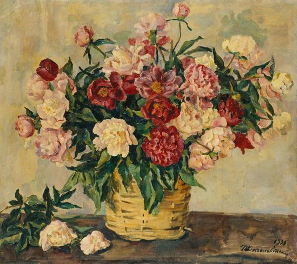 Peonies In A Basket by Pyotr Konchalovsky