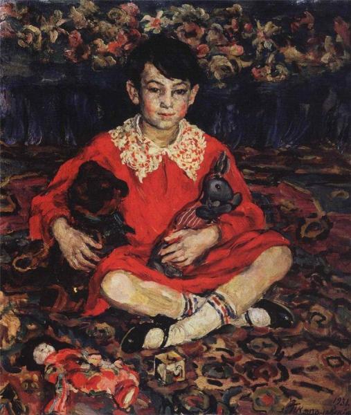 Portrait Of Kamushka Benediktova With Toys by Pyotr Konchalovsky