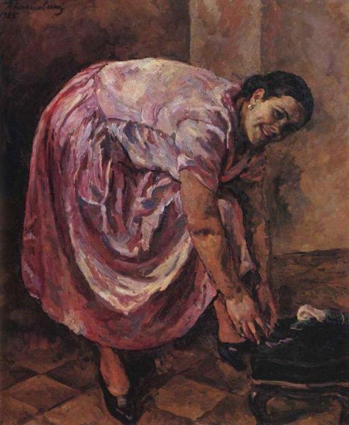 Portrait Of Natalia Konchalovsky, The Artist's Daughter, In Pink Dress by Pyotr Konchalovsky