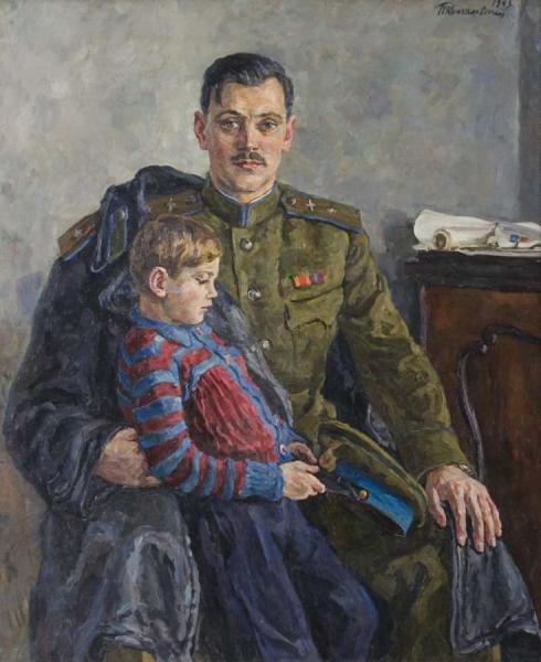 Portrait Of Poet Sergei Mikhalkov With His Son by Pyotr Konchalovsky