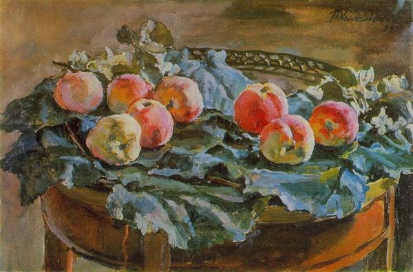 Still Life. Apples At The Round Table by Pyotr Konchalovsky