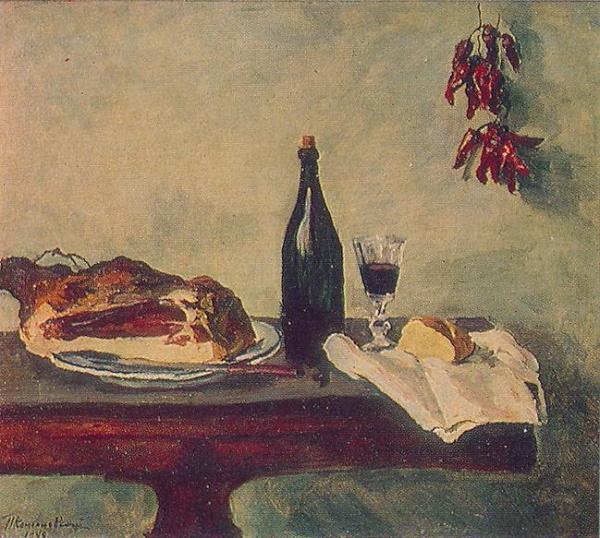 Still Life. Bread, Ham And Wine. by Pyotr Konchalovsky