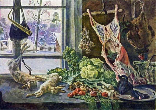 Still Life. Meat, Poultry And Brussels Sprouts At The Window by Pyotr Konchalovsky