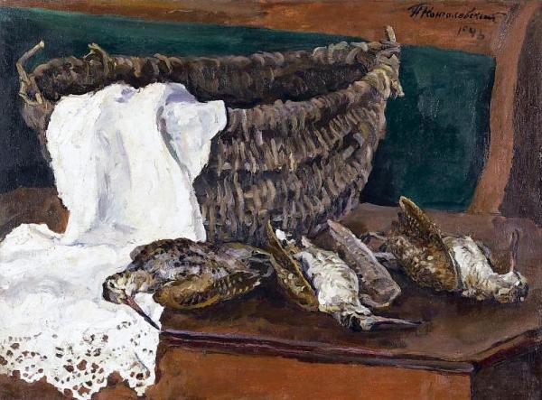 Still Life With Basket And Woodcocks by Pyotr Konchalovsky