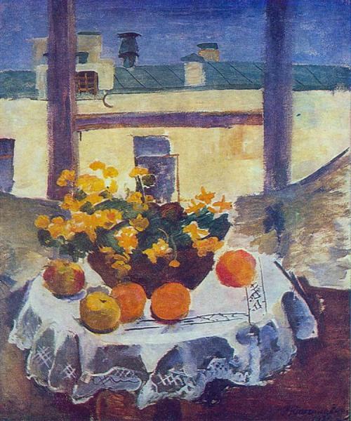 Table With Fruits And Yellow Flowers by Pyotr Konchalovsky