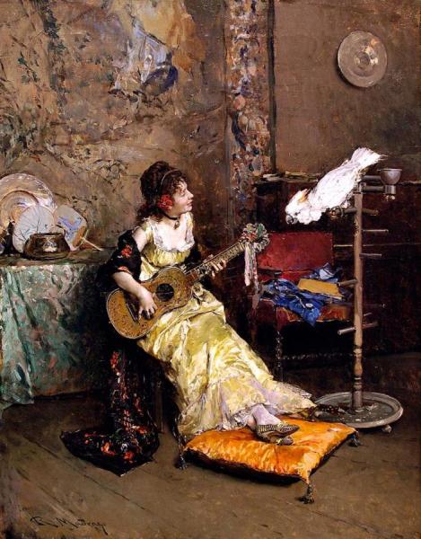 Girl With A Guitar And Parrot by Raimundo De Madrazo Y Garreta Oil Painting Reproductions