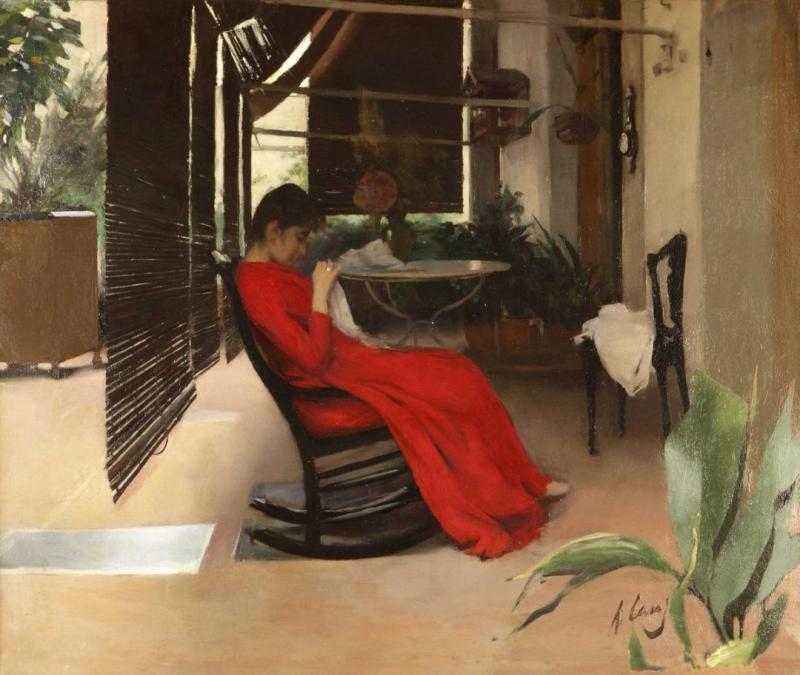 Sewing (woman In A Red Dress) by Ramon Casas I Carbó