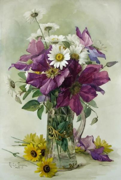 Large Purple Clematis And White Daisies by Raoul De Longpre