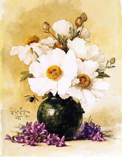 Matilija Poppies And California Violets by Raoul De Longpre