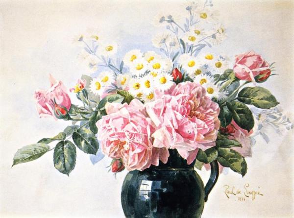 Pink Roses And Field Flowers by Raoul De Longpre