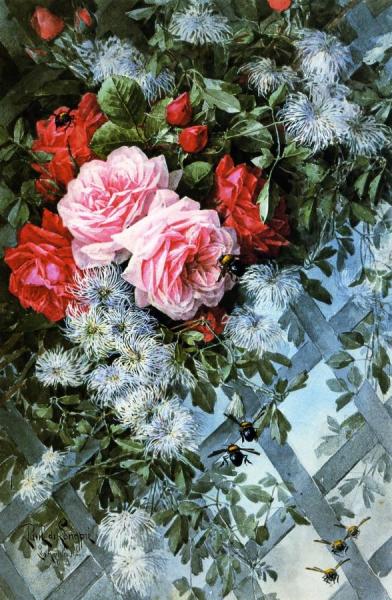 Roses La France And Jack Roses With Clematis by Raoul De Longpre Oil Painting Reproductions