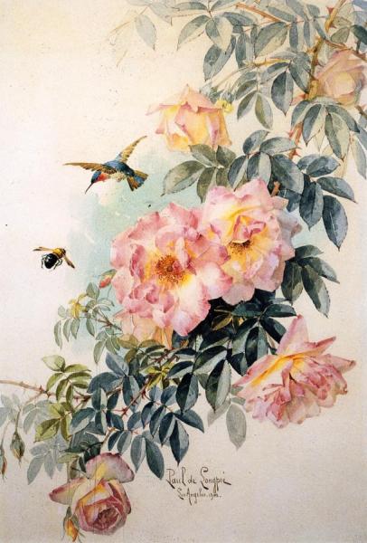 Raoul De Longpre Roses With Hummingbird And Bumblebee