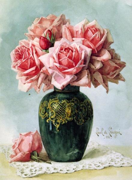 Raoul De Longpre Vase With Pink Roses