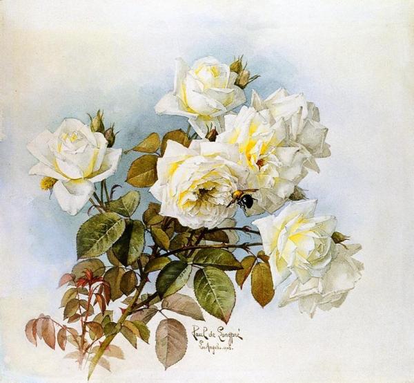 Raoul De Longpre White Roses And Bumblebees