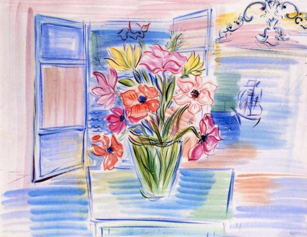 Bouquet Of Flowers In Front Of A Window Overlooking Nice by Raoul Dufy