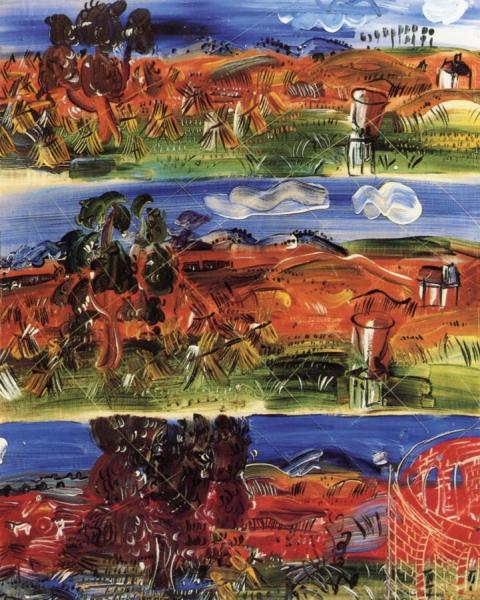 Three Landscapes Laid On The Back Of The Painting "paved Road With American Flags" by Raoul Dufy