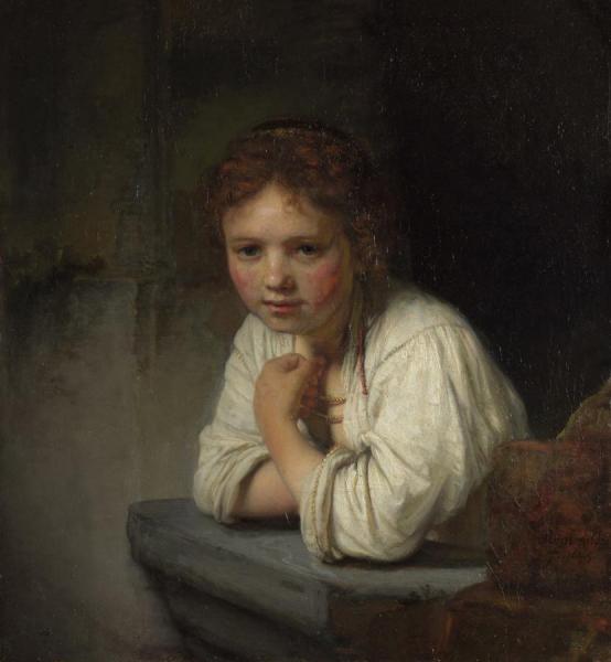 A Young Girl Leaning On A Window Sill by Rembrandt Van Rijn