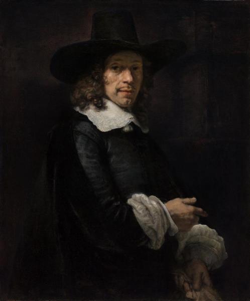 Portrait Of A Gentleman With A Tall Hat And Gloves by Rembrandt Van Rijn