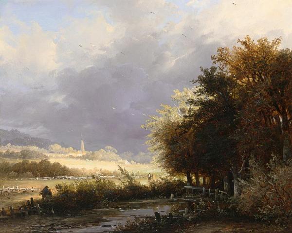 Figures On A Country Road,a Storm Approaching by Remigius Van Haanen