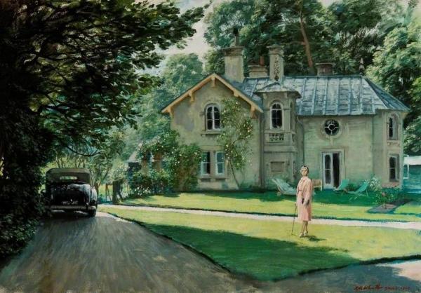 View Of Daye House With Edith Olivier, Standing On The Lawn by Rex Whistler Oil Painting Reproductions