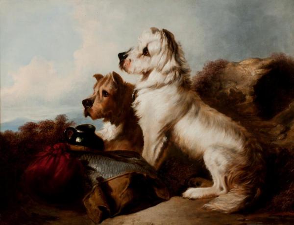 A West Highland White And A Skye Terrier Guarding The Day's Bag by Richard Ansdell