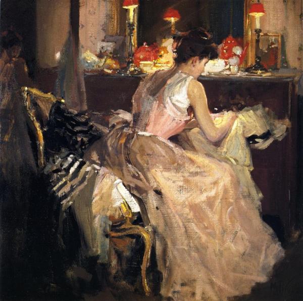 Sewing By Lamplight by Richard Edward Miller Oil Painting Reproductions