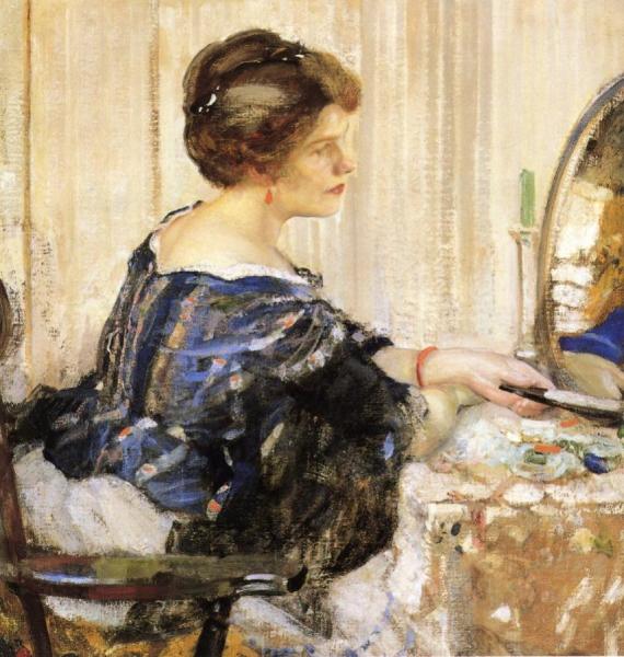Woman In Blue Seated At A Dressing Table by Richard Edward Miller Oil Painting Reproductions