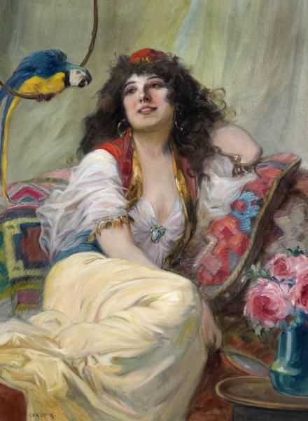 Harem Girl With Parrot by Richard Geiger Oil Painting Reproductions