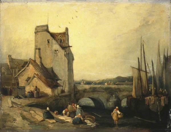 Richard Parkes Bonington View In Brittany:  Bridge, Cottages And Washerwomen