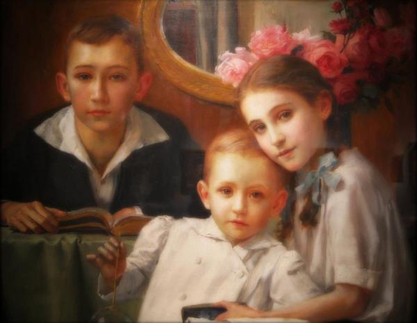 Portrait Of Three Children by Robert Auer Oil Painting Reproductions