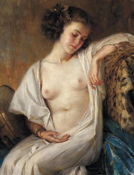 Sitting Nude With Tambourine And Leopard Fur by Robert Auer