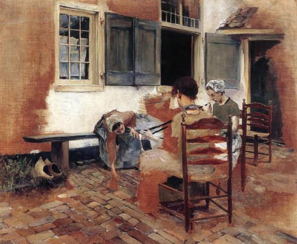 Dutch Courtyard Scene: Study For Venetian Bead Stringers by Robert Frederick Blum Oil Painting Reproductions
