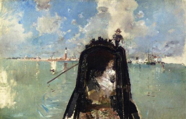 Woman In A Gondola With San Giorgio Maggiore In The Background by Robert Frederick Blum Oil Painting Reproductions