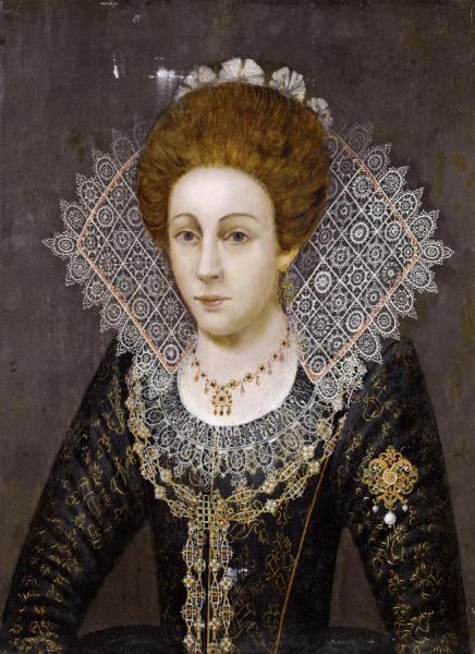 Portrait Of A Lady In A Black Dress With A Lace Collar by Robert Peake The Elder