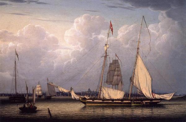 A Schooner With A View Of Boston by Robert Salmon