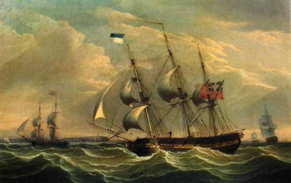 Robert Salmon Full Rigged Ships And A Brig Off The Coast Of England