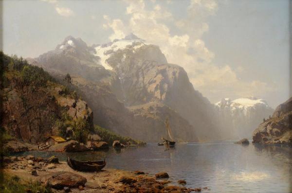 Alpine Lake With A View Of A Mountain Range by Robert Schultze Oil Painting Reproductions